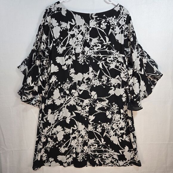 Worthington Womens Dress Black White Floral Lace Up Flutter Sleeve Flowy Large - Picture 4 of 10